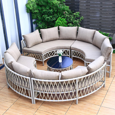 Outdoor Round Sofa Rope Woven Wear-resistant 12 - Person Patio Conversation Set with Cushions