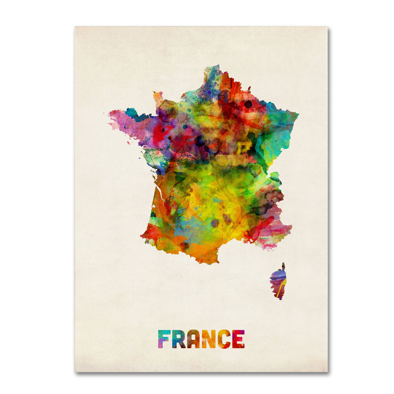 « france aquarelle map » par michael tompsett, impression sur toile tendue, H 24 po x l 18 po x P 2 po