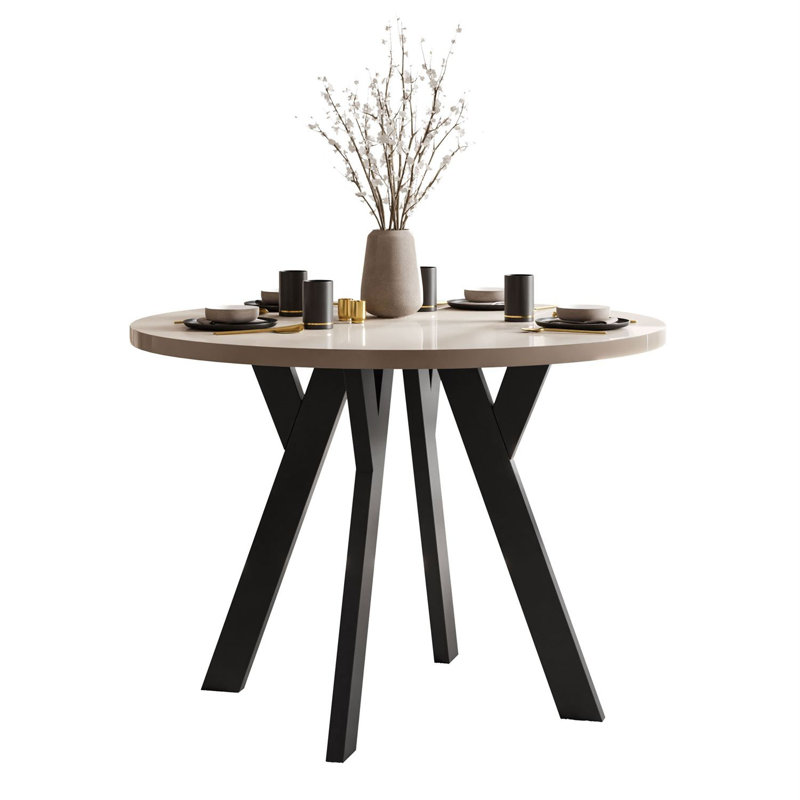Extendable Round Metal Base Dining Table, Black, Cashmere Gloss