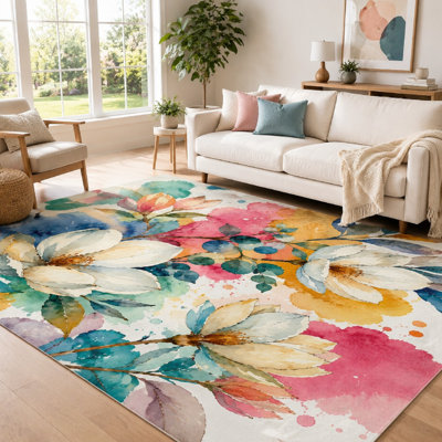 1Pcs Artistic Floral Watercolor Area Rug, Washable Low Pile Carpet, Thin Indoor with Non-Slip Backing, Decorative Accent for Living Room, Bedroom, Kitchen, Office for home detor