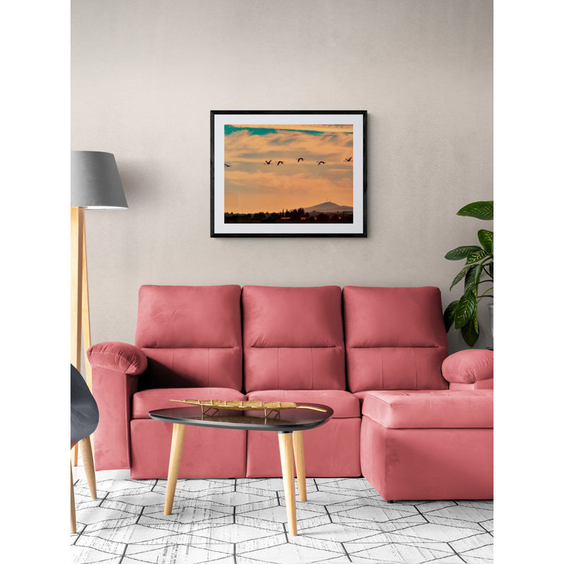 Flamingos Flying At Sunset Print by Tom Kostes, Wrapped Canvas, 24" H x 32" W