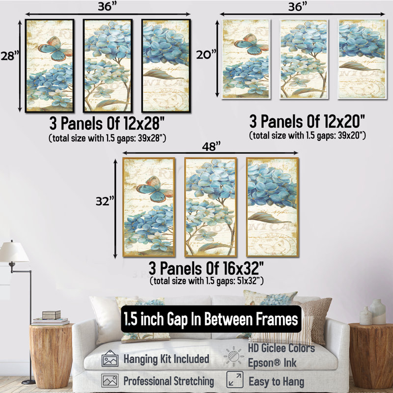 «Butterfly Blue Garden II», ensemble d'art mural sur toile encadré traditionnel, H 32 po x l 48 po x P 1 po, Encadrement doré