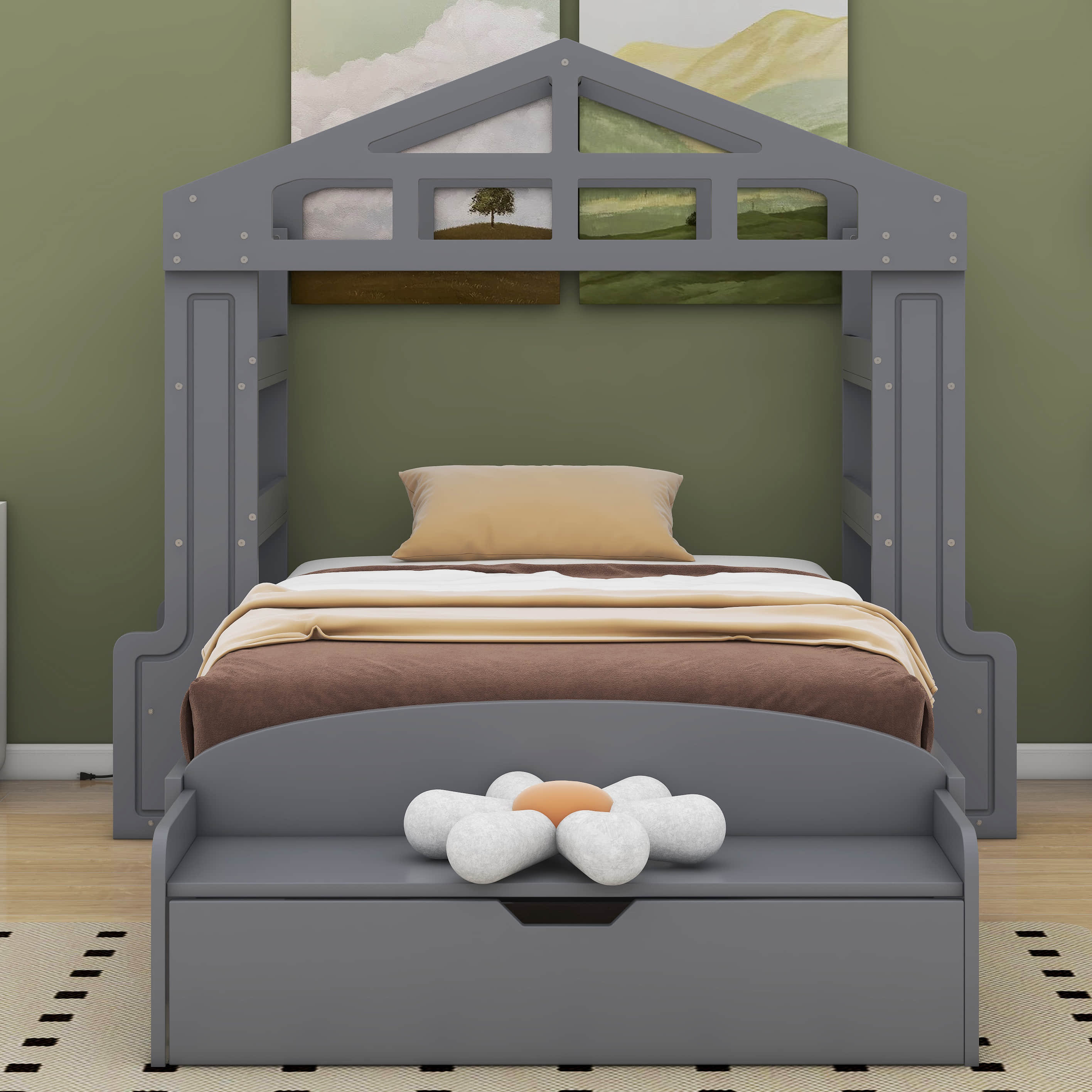 Latitude Run® Gerani House Bed With Bench, Socket And Shelves | Wayfair