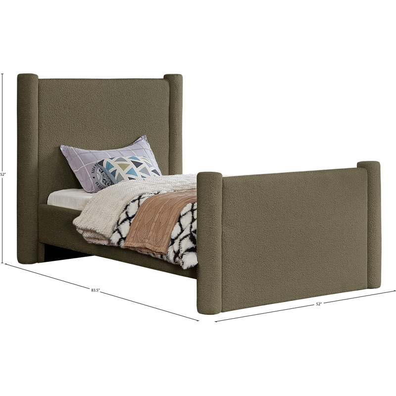 Elias Upholstered Platform Bed, Twin, Olive Green Boucle Fabric