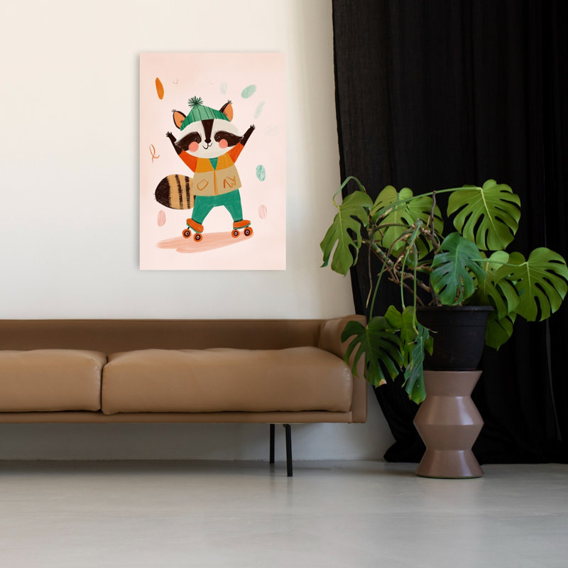 Happy Raccoon Roller Skater Playful Contemporary Animal Forest Wall Art Print by Mathieu - Wrapped Canvas Print