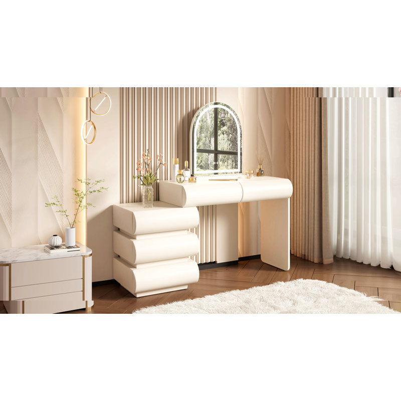 Luxury 2-In-1 Vanity Table With Leather Finish, 3-Color Led Lighted Mirror, Modern Makeup Vanity Desk With Nightstand Design, Dressing Table With 5 Storage Drawers, Beige