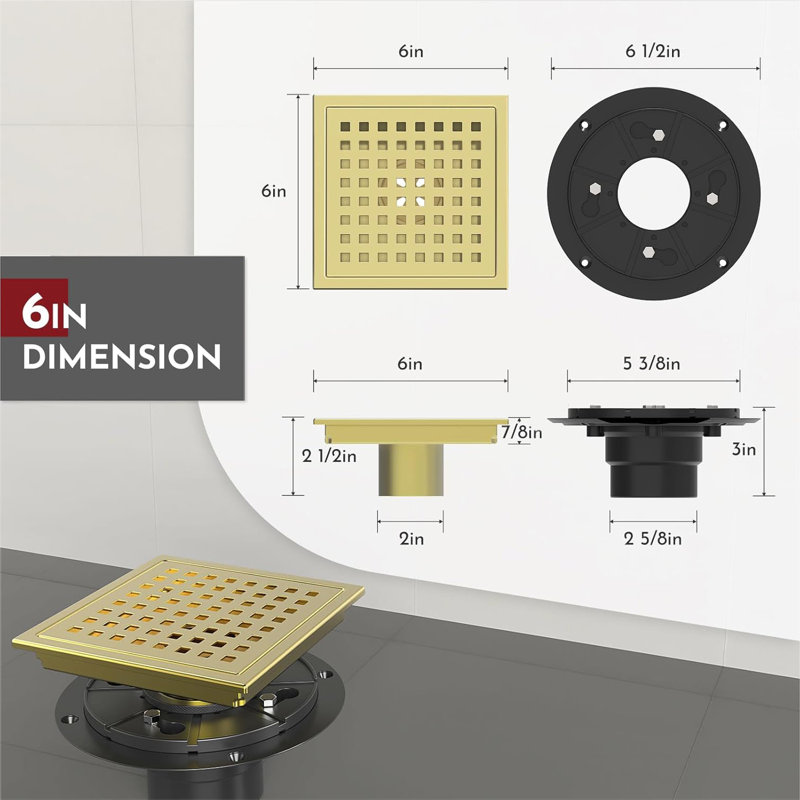 6-Inch Square Shower Floor Drain, Quadrato Pattern Grate,Kswhyrs0003, Brushed Gold