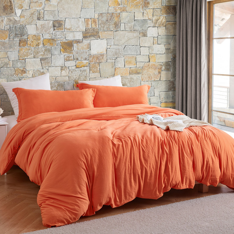 Natural Loft Prewashed Microfiber Duvet Cover Set, Orange, Queen Duver Cover + 2 King Shams