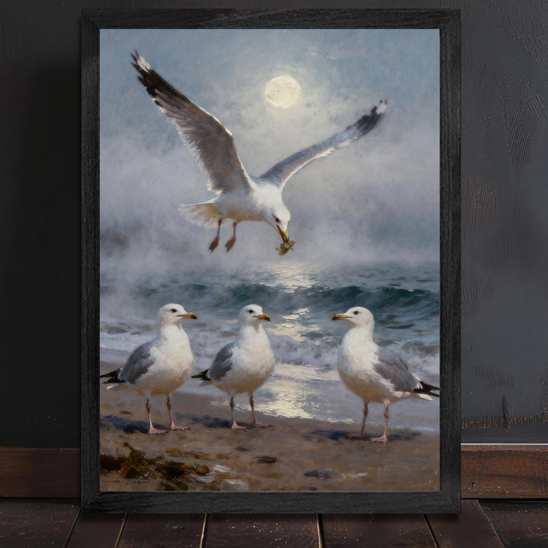 Art mural rétro noir encadré de mouette sur la plage, impressions de style rétro, H 11 po x l 9 po