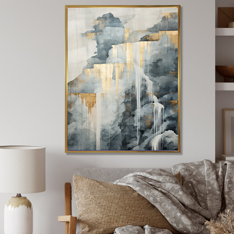 Or et gris cascade aventure sur toile, Cadre flottant doré, H 32 po x l 16 po x P 1 po