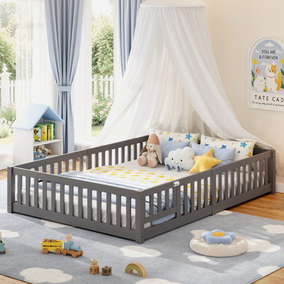 Lit d'enfant en bois massif, lit au sol Montessori avec barrière de sécurité, gris