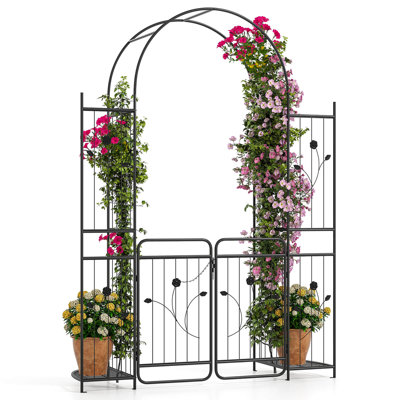 Arche de jardin de 87 po de hauteur avec barrière, tablettes et treillis pour jardinières, tonnelle en métal