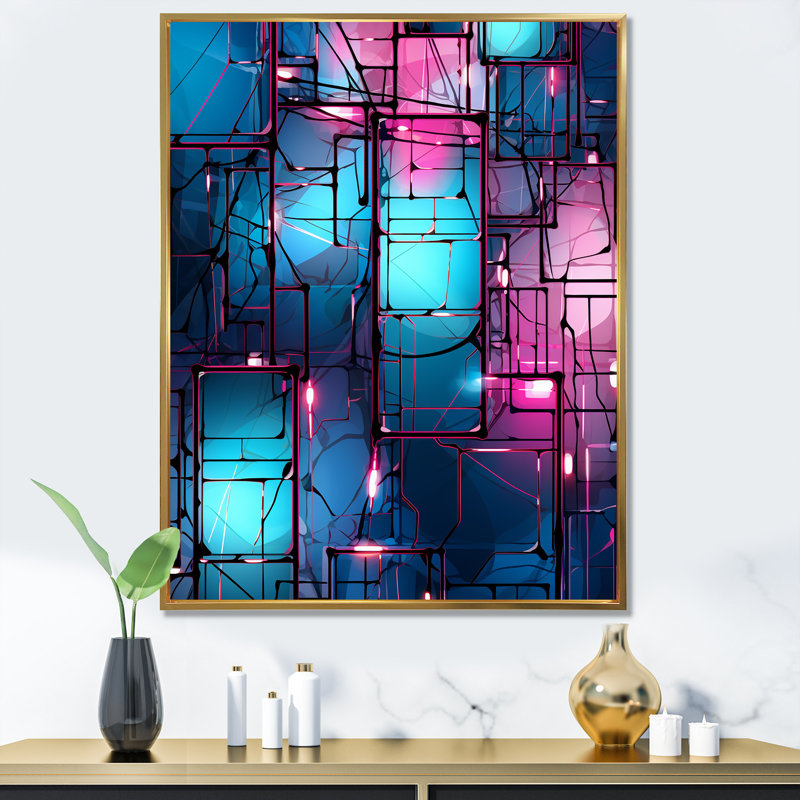Puissance mauve et bleue abstraite de l'énergie solaire I, Cadre flottant doré, 20" H x 12" W
