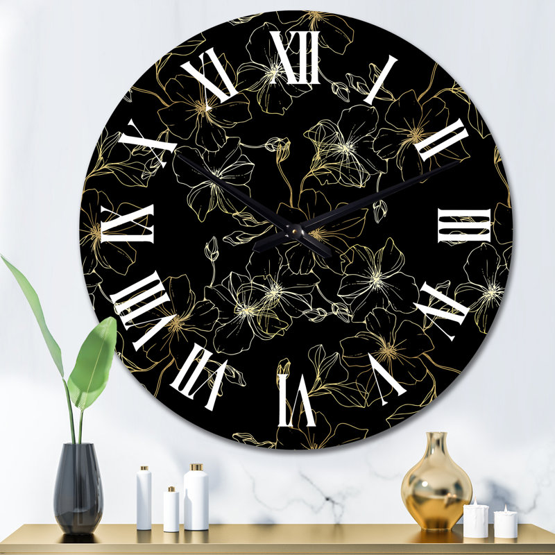 Horloge murale à motif de fleurs de lin sur fond noir, Moyen