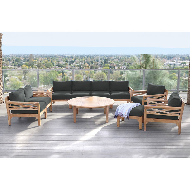 Monterey Teak Outdoor Seating Group with Cushions, Coal, 7 Pcs:  Sectional,Chair,Cushion,LS,Table,2Ottoman