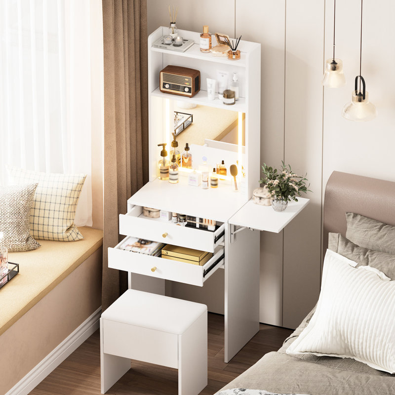 Petit meuble-lavabo de chambre avec 3 miroirs lumineux réglables et une chaise de rangement - blanc, panneau pour la table de maquillage