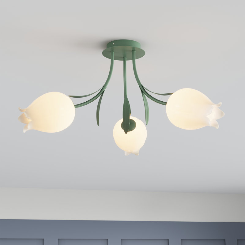3-Light G9 LED Green Metal and Resin Floral Dimmable Semi-Flush Mount Ceiling Light