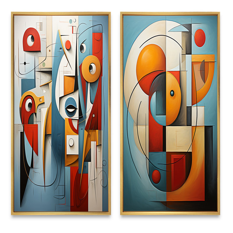 «Cubism Geometric Portrait», 2 pièces sur toile, Encadrement doré, H 40 po x l 40 po