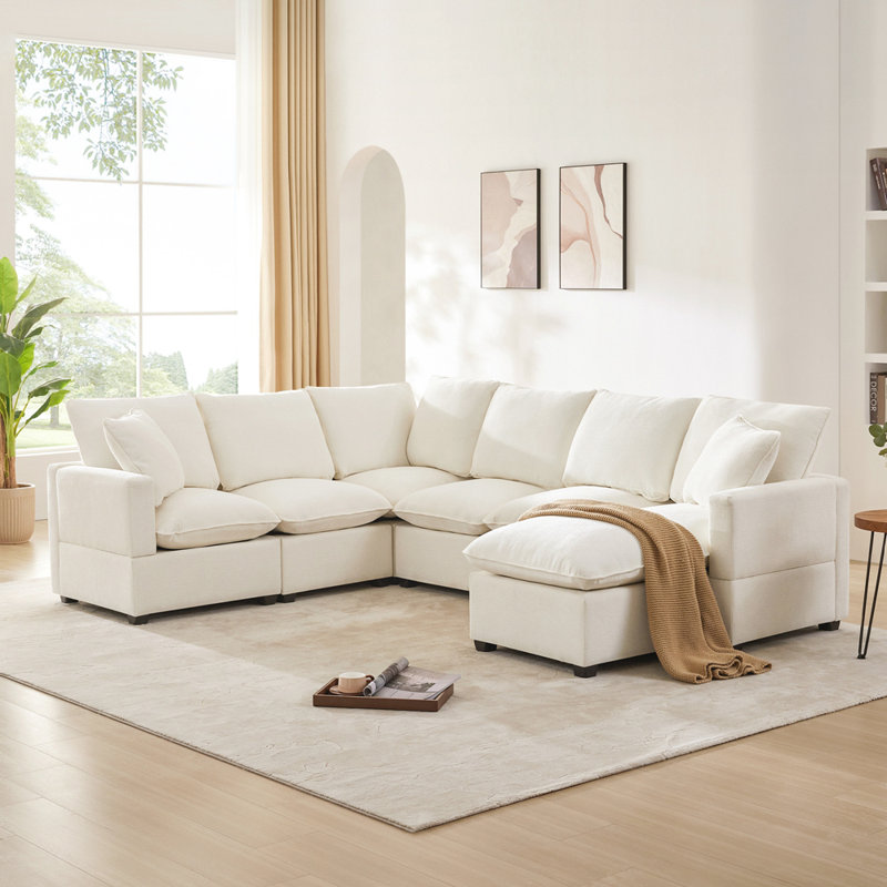 Illyas Upholstered U-Shaped Sectional Reversible, White Chenille