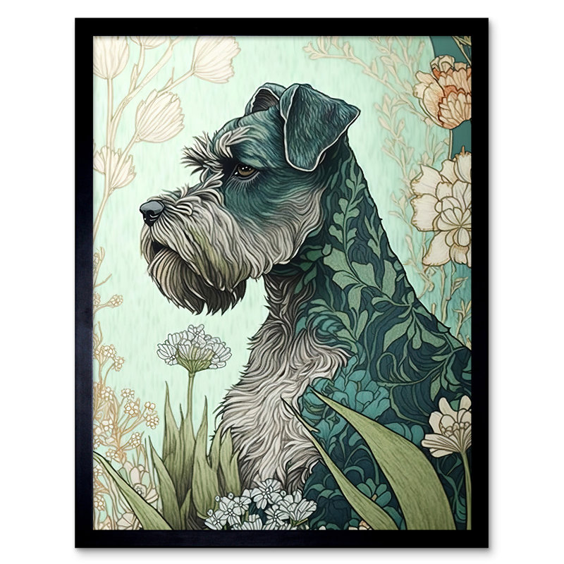 Grey Schnauzer Dog With Floral Pattern Fur Coat In Flowers Modern Watercolour - Single Picture Frame Print