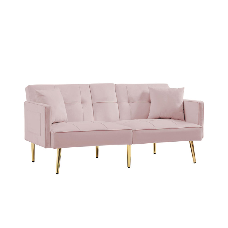 Lit convertible en velours rose avec pieds dorés - 3 angles réglables, porte-gobelet, poche latérale, rembourrage en mousse, 2 sièges, accoudoirs carrés, pieds de futon en tissu, positions, dossier à ressort sinueux, poches, support