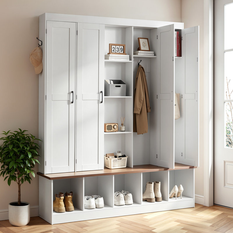 Hall Tree with Bench and Shoe Storage, 63" Wide, 4-in-1 Entryway Hall Tree with Bench, Hanging Hooks, Storage Cabinet, and Shoe Cabinet, Wooden Furniture for Mudroom, Entryway, Hallway, White