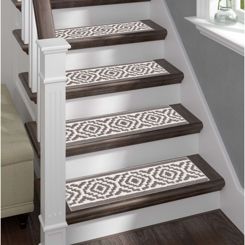 Tapis d'escalier biseauté pour marche en bois Tapis à poil long blanc / gris Lavable à la machine avec envers en caoutchouc