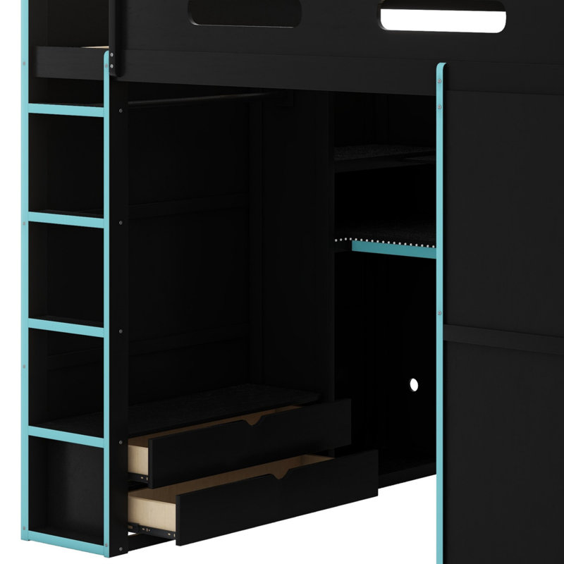 Lit mezzanine en bois avec bureau, garde-robe, grand espace de rangement et lumière DEL RVB, Bleu nuage