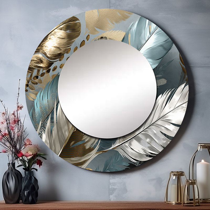 Ondria Gold Gilded Feathers IV - miroir mural décoratif plume glam, miroir rond moderne, impression d'art en métal