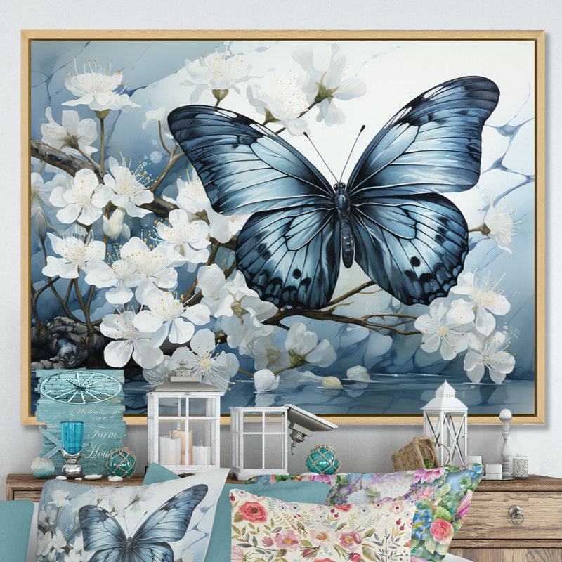 Bertena, bleu, blanc, papillon, reflet - art mural papillon, Reproduction avec cadre flottant, H 16 po x l 32 po, Blanc