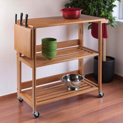Callum Foldable Light Oak Kitchen Cart With 2-Slated Shelves, 34.34" H X 33.47" W X 17.07" D