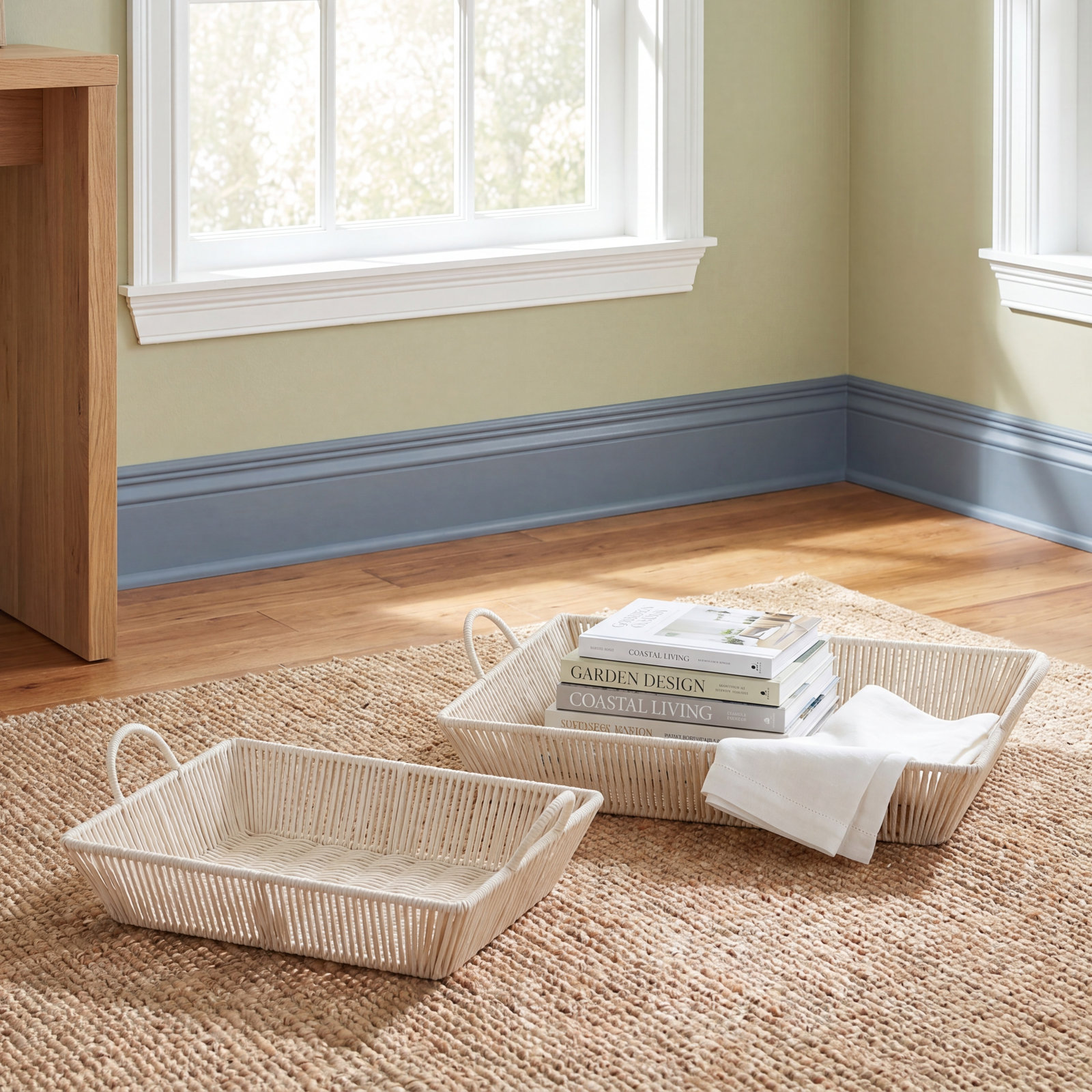 Emmanuel Handmade Cotton Decorative Basket - Set of 2, Cream, 5.85" H x 18.70" W x 13.10" D