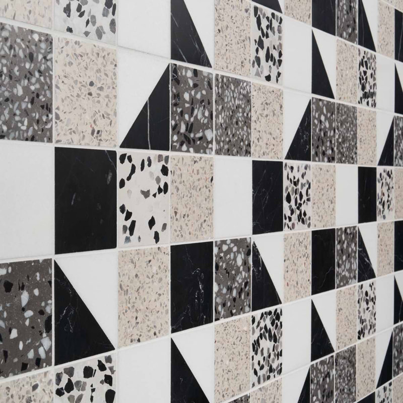 Elizabeth Sutton Artem 3x3 Polished and Honed Marble and Terrazzo Mosaic Tile, Pica Black;White