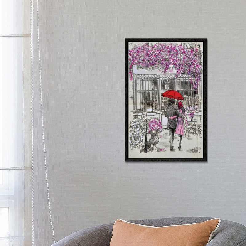 A Little Walk To The Cafe by Loui Jover - Painting on Canvas, 66.04cm H x 45.72cm W x 3.81cm D, Black Floater Framed