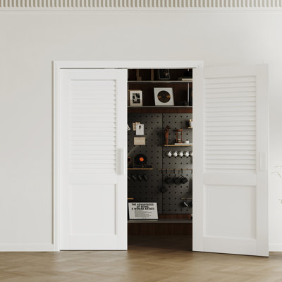 Slab Double Doors - Louvered & Solid Panel MDF Interior Doors In White, Smooth Paintable Finish (Double Door Hardware Kit Included)