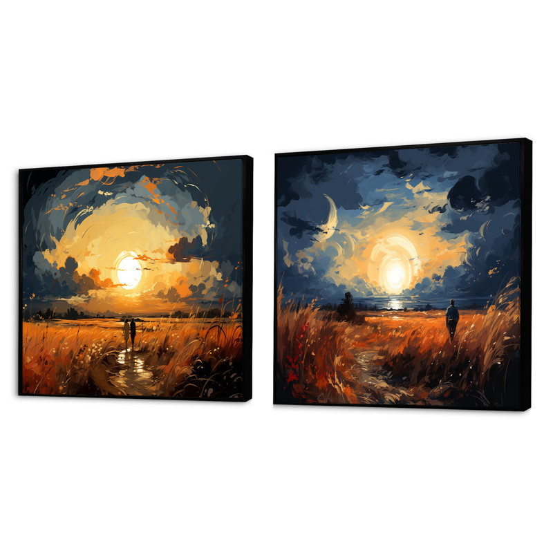 Wheatfield On A Summers Day Rural Farmland - Meadow Square Collage Set Of 2, Black Floater Framed, 16" H x 33" W