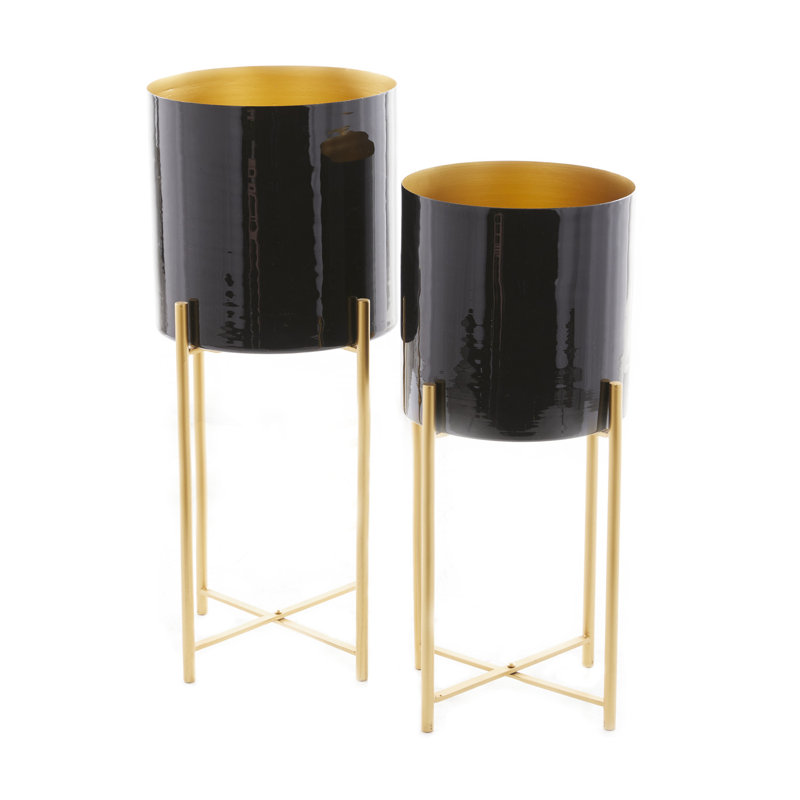 Ensemble de 2 pots d'intérieur et d'extérieur en métal avec support amovible, Noir
