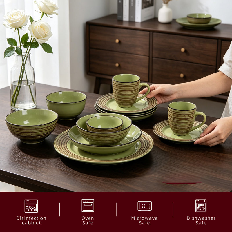  HomeVSS 48-Piece Tree Bark Stoneware Dinnerware Set, Service for 8, Oak Forest