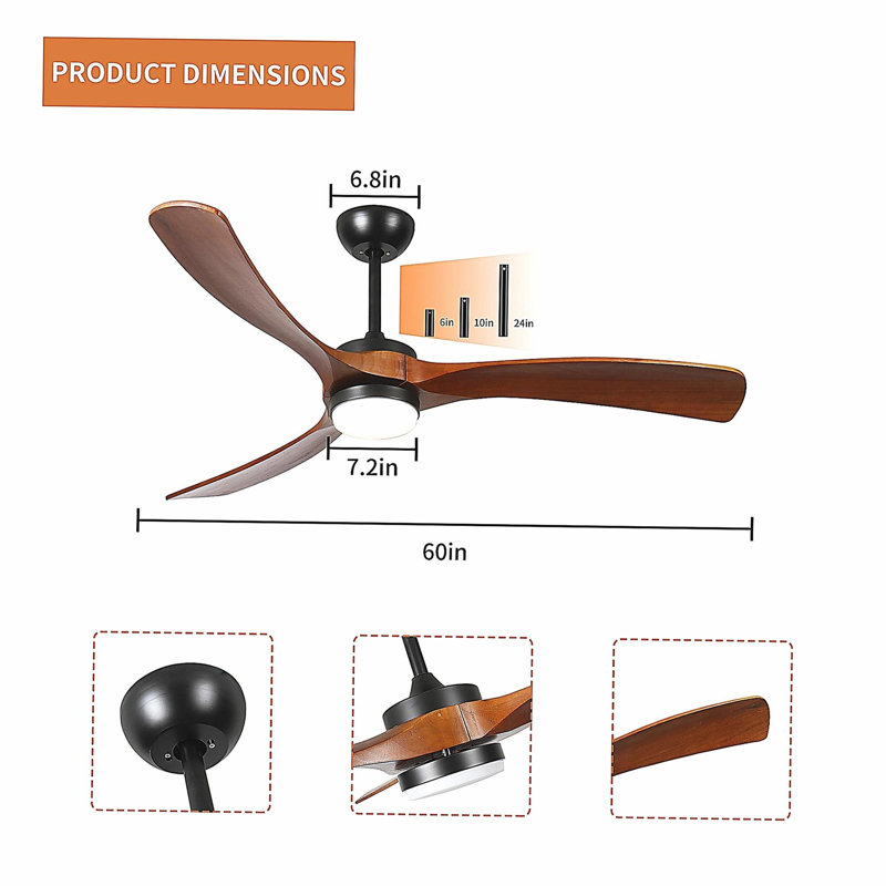 60-inch 3-leaf solid wood ceiling fan light