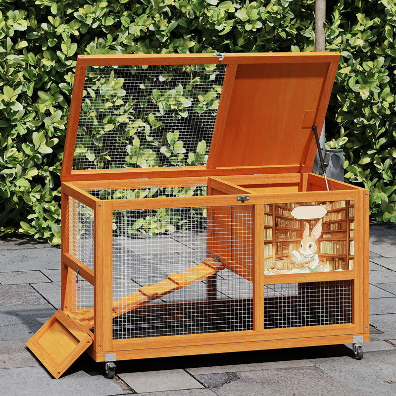 Cage à lapin en bois pour l'intérieur avec roulettes, Chêne
