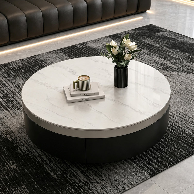 Table basse de rangement ronde minimaliste en ardoise, H 12,99 po x l 31,49 po x P 31,49 po, White / Black