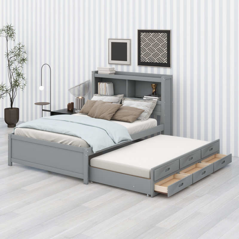 Lit plateforme avec lit gigogne, tiroirs et prises USB, Gris