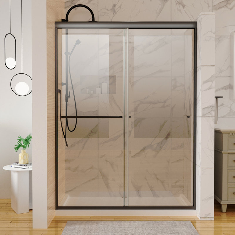 50 po -54 po X 72 po Porte de douche coulissante traditionnelle en noir mat avec verre transparent