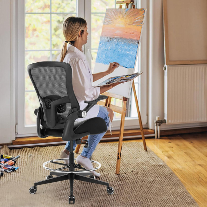 Black Drafting Chair - Tall Office Chair With Flip-Up Armrests, Footrest & Adjustable Lumbar Support (Counter Height/Standing Desk)