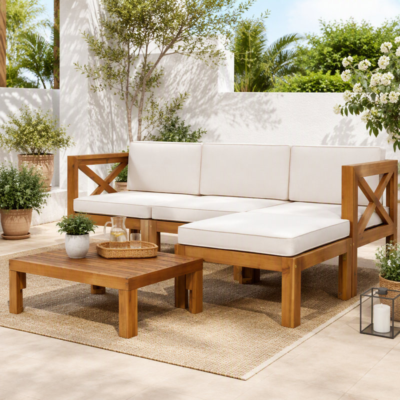 Ensemble de conversation modulaire 5 pièces avec coussins d'extérieur, Finition naturelle + coussins beiges
