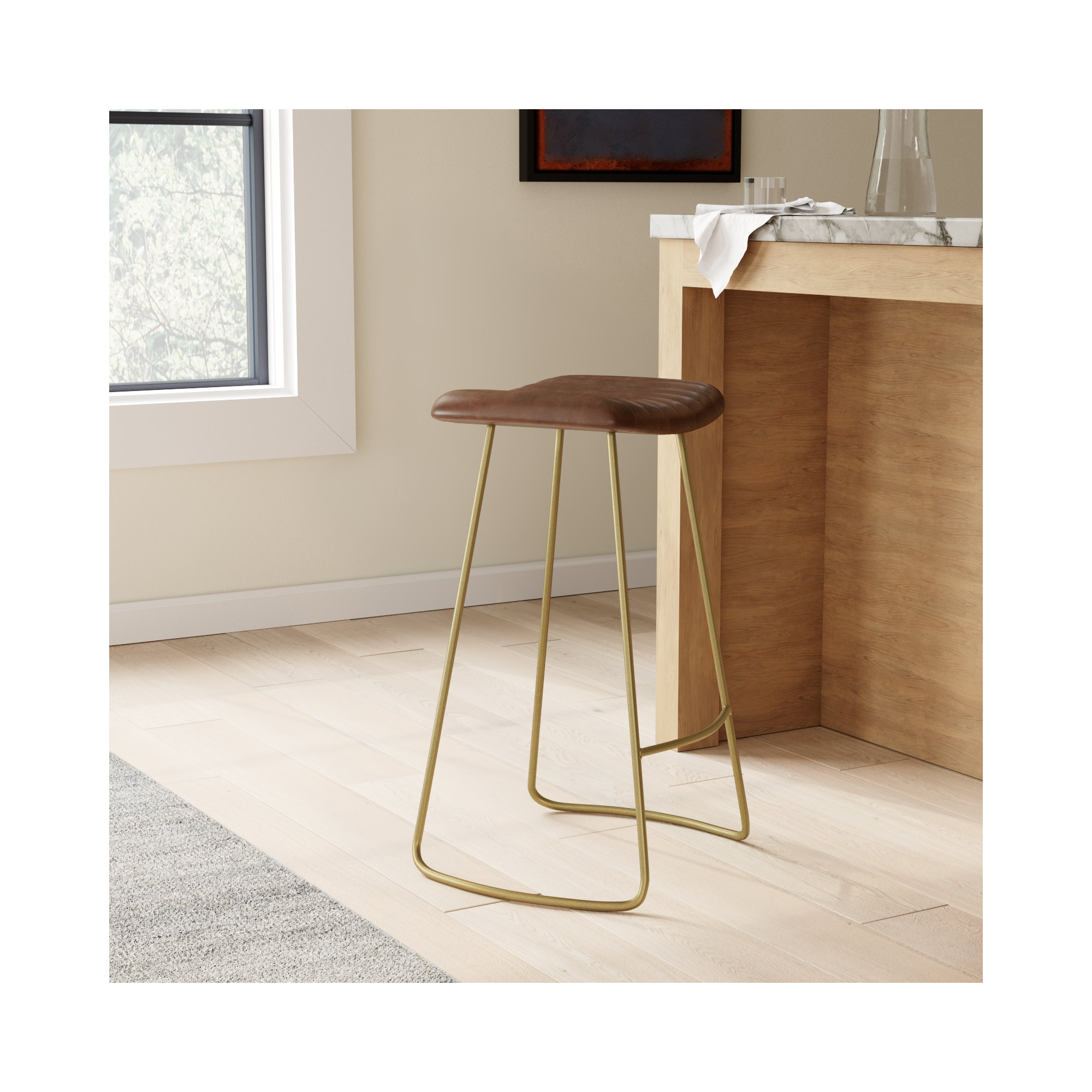 Marianna Bar & Counter Stool, Natural Genuine Leather / Antique Brass Frame, Bar Stool (30" Seat Height)