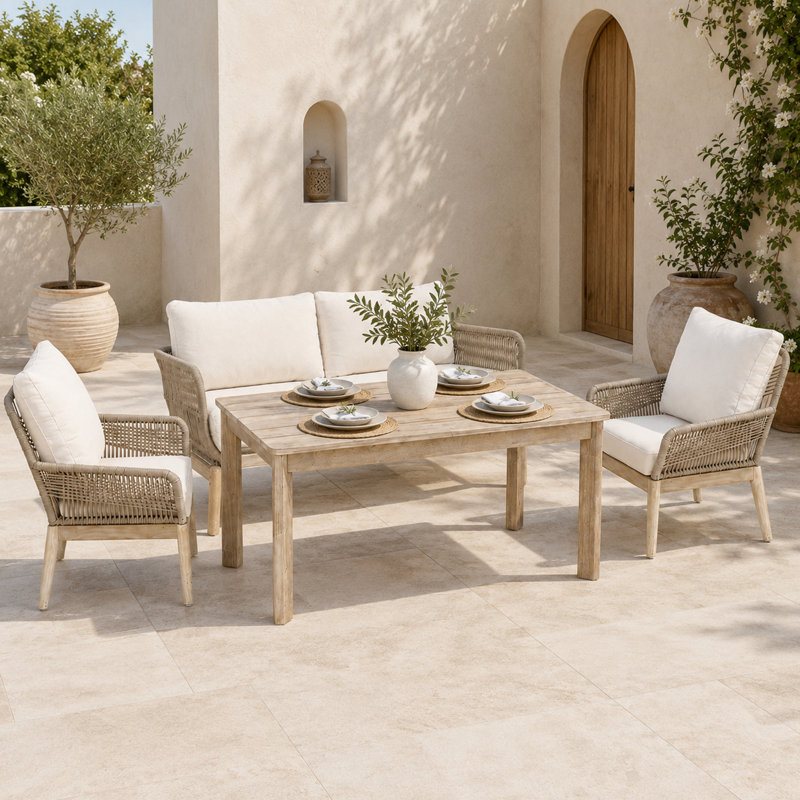 Ensemble de salle à manger d'extérieur en bois d'acacia 4 pièces avec causeuse et 2 fauteuils, mobilier de jardin pour 4 personnes