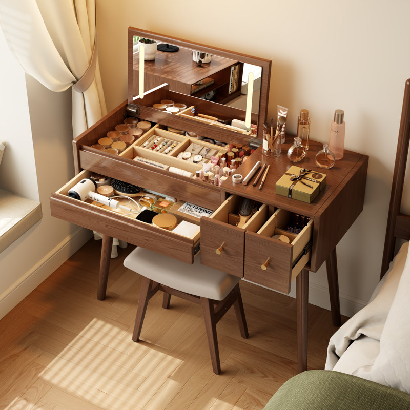 Solid Wood Makeup Vanity with Flip Mirror and Lighting Modes, Brown, 43.1" H x 39.4" W x 15.7" D - 3 Drawers