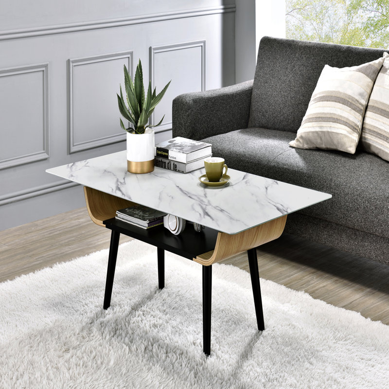 Table basse 47 po avec plateau en verre marbré blanc et bois cintré, Blanc