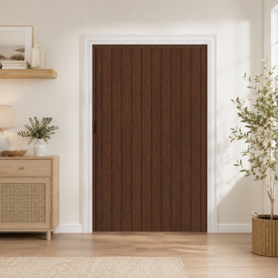 60" x 80" Walnut Single-Layer PVC Interior Accordion Folding Door with Upgraded Rollers, Complete Hardware and Handles, Ideal for Closet and Bathroom Doorways